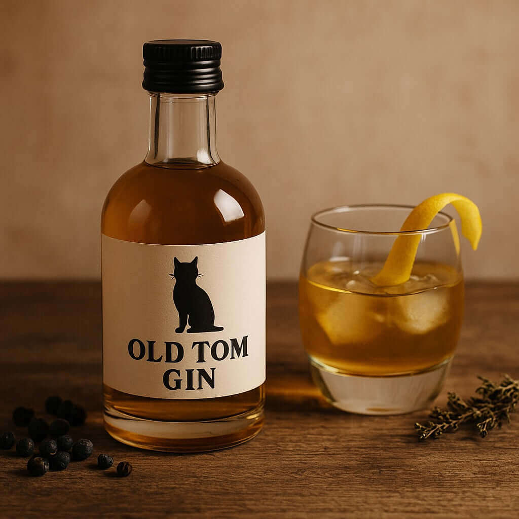Bouteille de Old Tom Gin avec étiquette chat noir, verre de gin avec zeste de citron, sur fond en bois rustique
