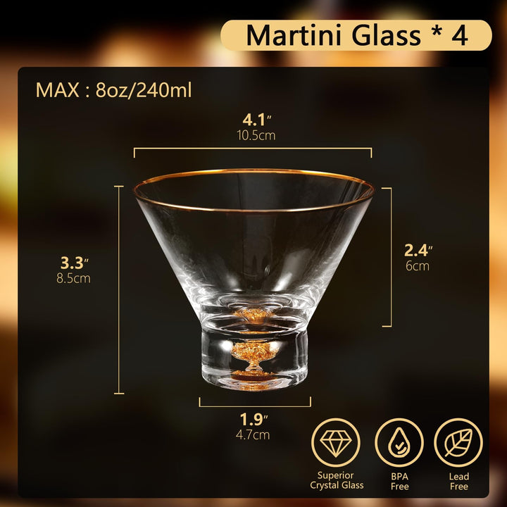 DUJUST Lot de 4 verres Martini de luxe avec bord doré (8oz), verres à cocktail sans pied en cristal avec paillettes de feuilles d'or 24K, sans BPA ni plomb