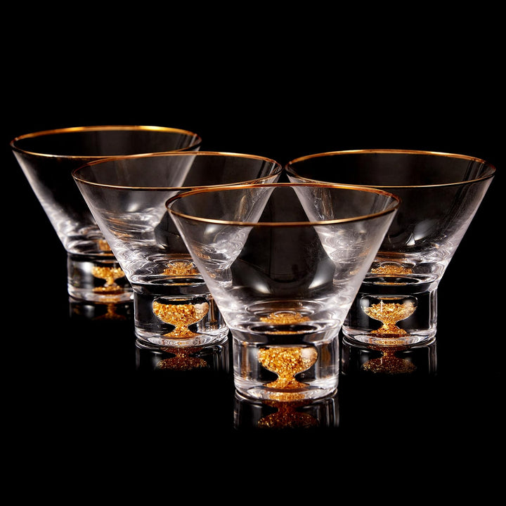 DUJUST Lot de 4 verres Martini de luxe avec bord doré (8oz), verres à cocktail sans pied en cristal avec paillettes de feuilles d'or 24K, sans BPA ni plomb