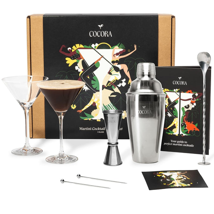 Cocora Set Martini | Set à Cocktail de 9 pièces | Shaker à Cocktail en Acier Inoxydable | Verres à Martini | Kit Barman | Livre de Cocktails (10+ Recettes) | Emballage Cadeau de Luxe (Argent)