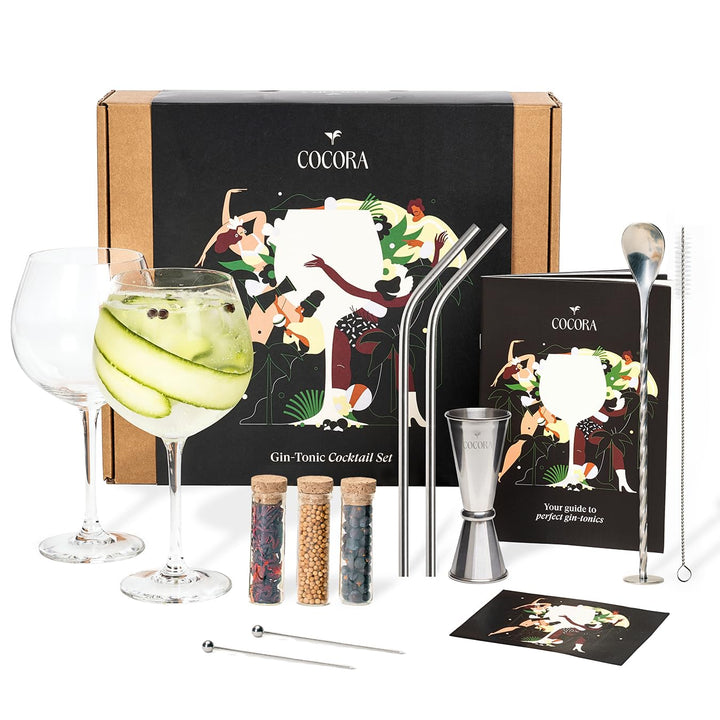 Cocora Gin-Tonic Set Cadeau | Kit Cocktail | 11 pièces | Accessoires Gin | Verres à Cocktail Gin Tonic | Épices (Silver)