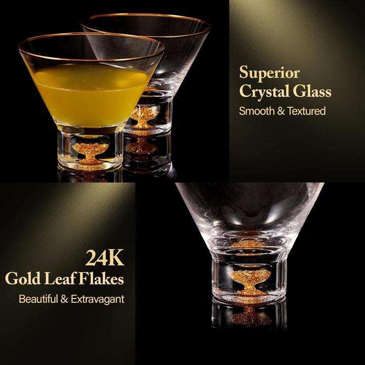 DUJUST Lot de 4 verres Martini de luxe avec bord doré (8oz), verres à cocktail sans pied en cristal avec paillettes de feuilles d'or 24K, sans BPA ni plomb