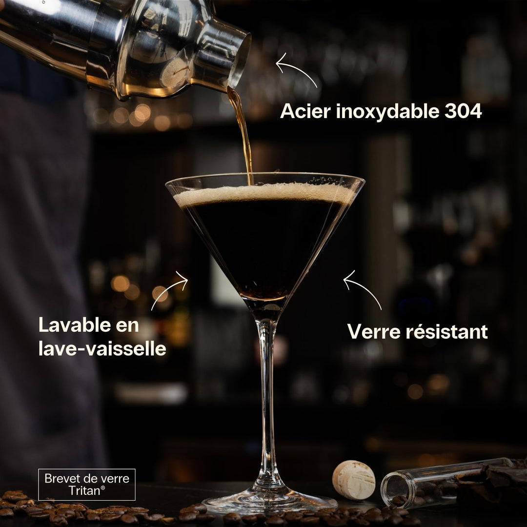 Cocora Set Martini | Set à Cocktail de 9 pièces | Shaker à Cocktail en Acier Inoxydable | Verres à Martini | Kit Barman | Livre de Cocktails (10+ Recettes) | Emballage Cadeau de Luxe (Argent)