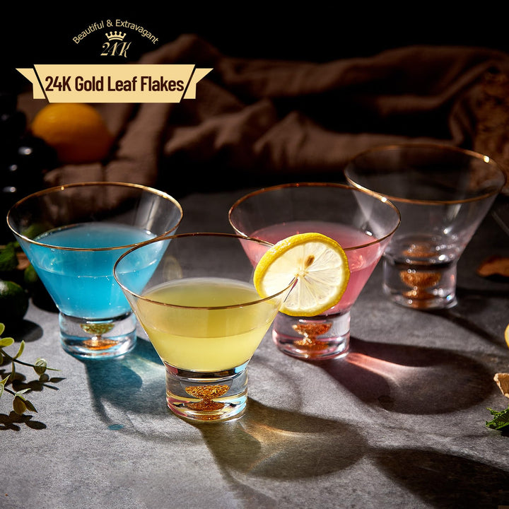 DUJUST Lot de 4 verres Martini de luxe avec bord doré (8oz), verres à cocktail sans pied en cristal avec paillettes de feuilles d'or 24K, sans BPA ni plomb