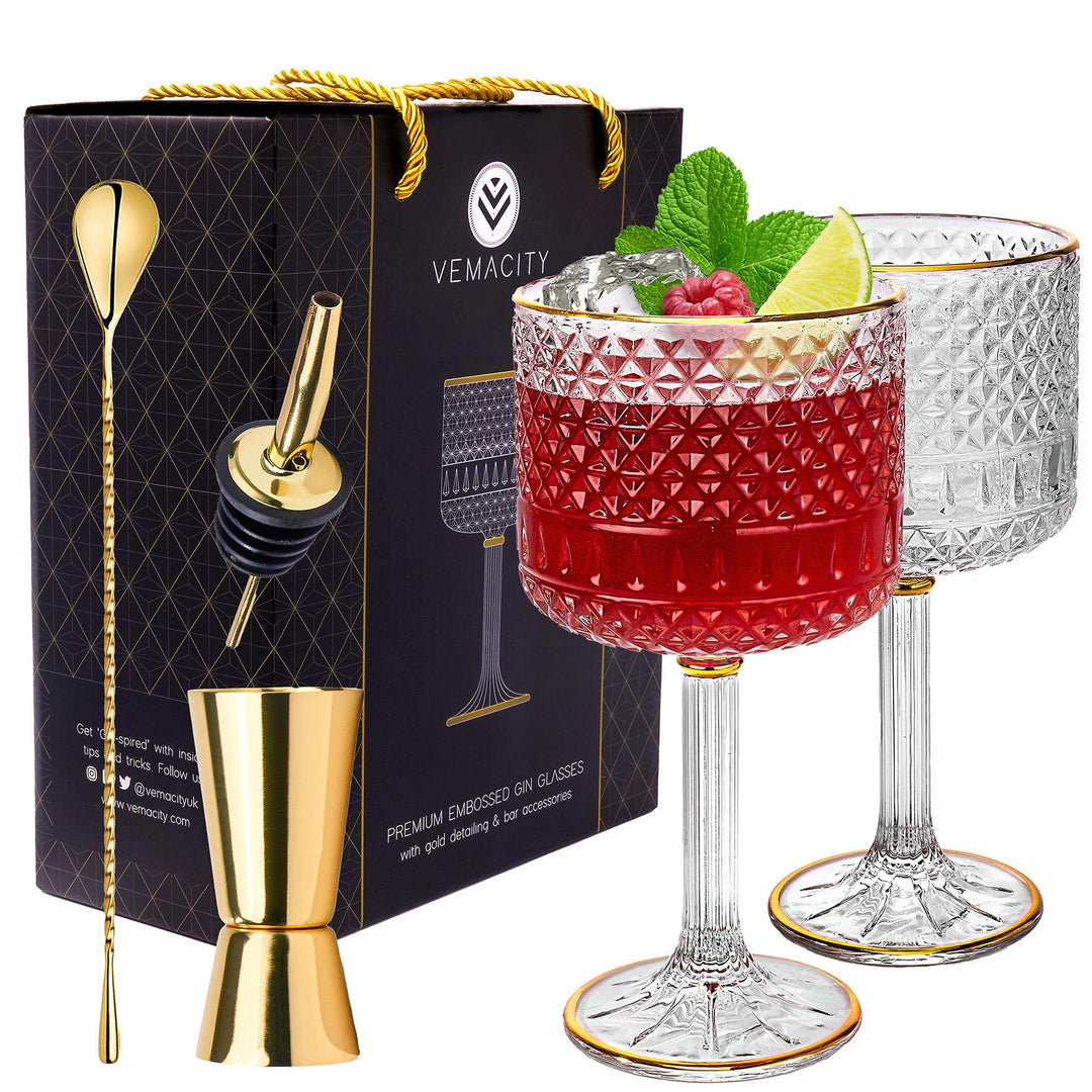 Vemacity – Coffret Luxe 2 Verres à Gin Relief &amp; Or, 700 ml, avec Accessoires