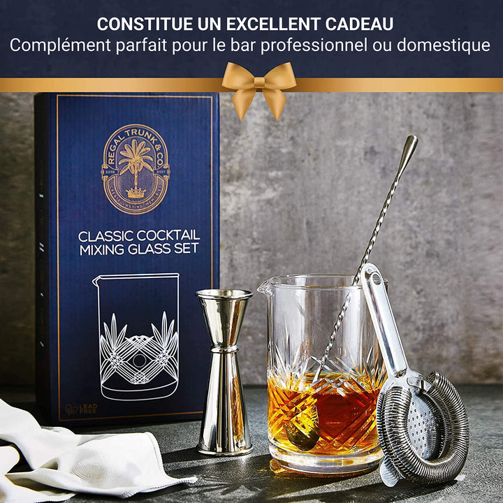 REGAL TRUNK & CO. Ensemble de Verres à Cocktail Classiques – Verre à mélanger en Cristal sans Plomb fabriqué à la Main de Style Yarai | Japonais et Chiffon de Polissage pour Verre