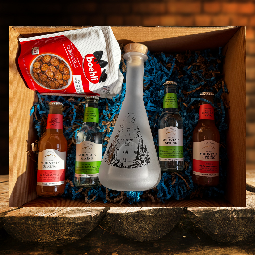 Coffret cadeau gin Alsace avec Gin Phi, tonics Swiss Mountain Spring et bretzels Boehli