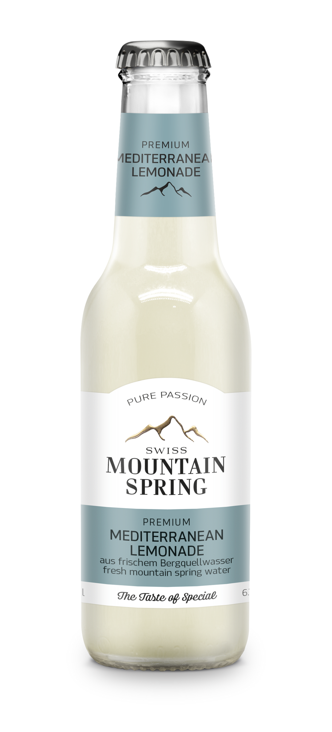 Bouteille de 200 ml de Swiss Mountain Spring Mediterranean Lemonade, limonade artisanale suisse au citron, poire et thym